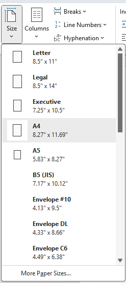 Page orientation options in Word